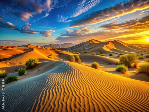 Vast Desert Landscape in Uzbekistan with Golden Sand Dunes Under a Clear Blue Sky at Sunset