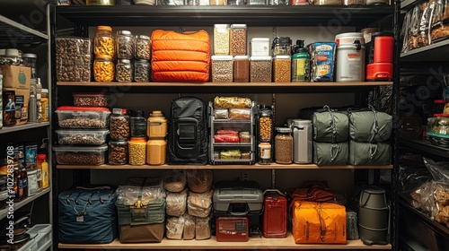 Organized pantry filled with food supplies and storage containers.