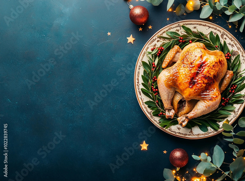 A beautifully decorated Christmas dinner table with an ornate plate of roasted chicken