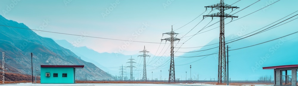 A Panoramic View of the Electric Grid in China, Showcasing Multiple Power Lines and Towers Against an Overcast Sky A Panoramic View of the Electric Grid in China, Showcasing Multiple Power Lines and Towers Against an Overcast Sky