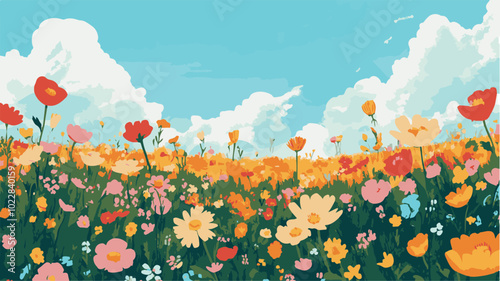 Blooming Landscape Fields of Flowers Under Blue Skies.eps