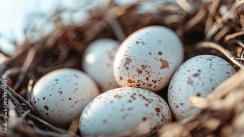 Five speckled eggs rest comfortably in a natural and cozy brown nest, symbolizing new beginnings, potential, and the warmth of nurturing care.