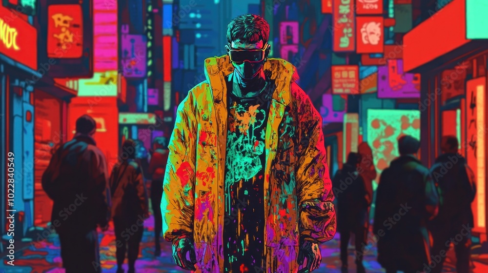 A vibrant urban scene featuring a person in a colorful coat amidst neon-lit streets. A vibrant urban scene featuring a person in a colorful coat amidst neon-lit streets.
