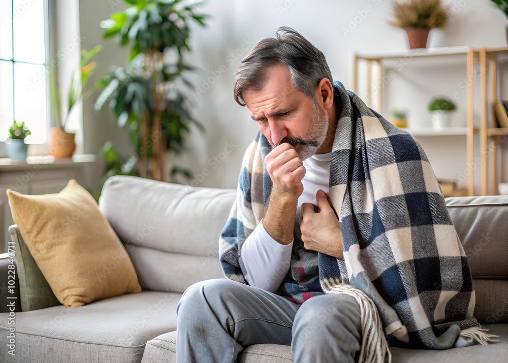 Sick man coughing at living room background. Health care concept Sick man coughing at living room background. Health care concept