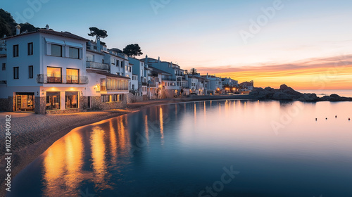 Coastal village at dusk with illuminated houses reflecting on calm sea water, showcasing a serene waterfront and vibrant sunset sky.