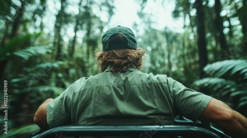 A person exploring the dense jungle on a thrilling safari, captured from behind. The lush green surroundings suggest an adventurous journey through nature. photo