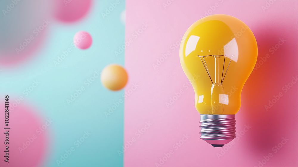 vibrant yellow light bulb stands out against pastel pink and blue background, surrounded by colorful spheres, creating playful and creative atmosphere vibrant yellow light bulb stands out against pastel pink and blue background, surrounded by colorful spheres, creating playful and creative atmosphere