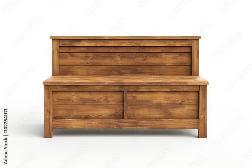 Wooden storage bench with a simple design placed against a neutral backdrop Wooden storage bench with a simple design placed against a neutral backdrop