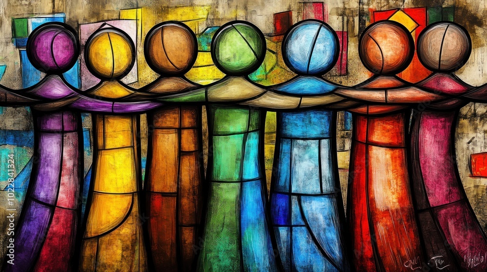 A colorful illustration of abstract figures holding hands, symbolizing unity and diversity.