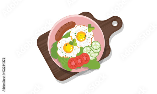 Fried egg dishes. Breakfast with fried egg, sausage, cucumber and tomato. Egg dish vector. Breakfast food clipart. Food clipart. Flat vector in cartoon style isolated on white background.