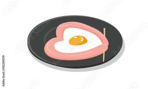 Fried egg vector.  Fried egg with sausage on dish. Breakfast food. Food vector. Egg dish. Flat vector in cartoon style isolated on white background.