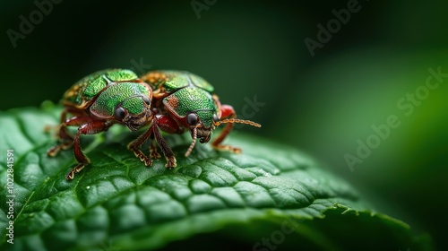 A close-up capture of two vivid jewel beetles with shimmering, multi-hued exoskeletons resting together on a lush green leaf, showcasing nature's beauty.