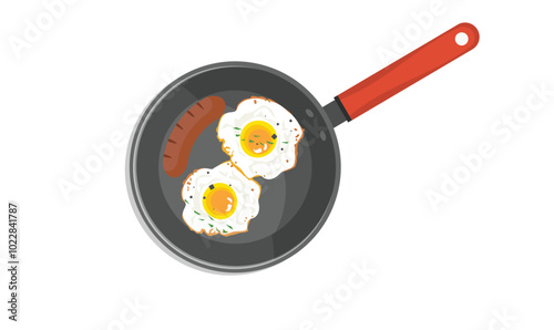 Fried egg vector.  Fried egg on frying pan clipart. Breakfast food. Food vector. Egg dish. Flat vector in cartoon style isolated on white background.