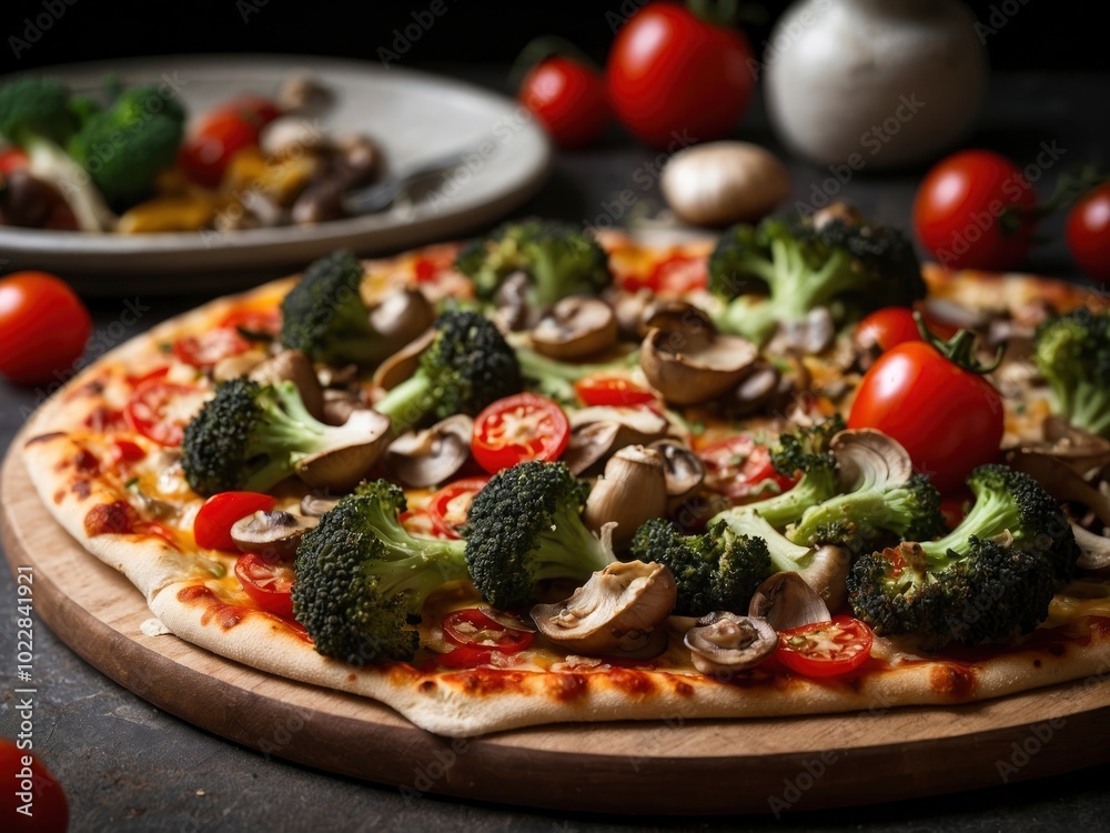 Healthy pizza with broccoli and cherry tomatoes and red pepper and champignon mushrooms. Delicious pizza with a medley of veggies 