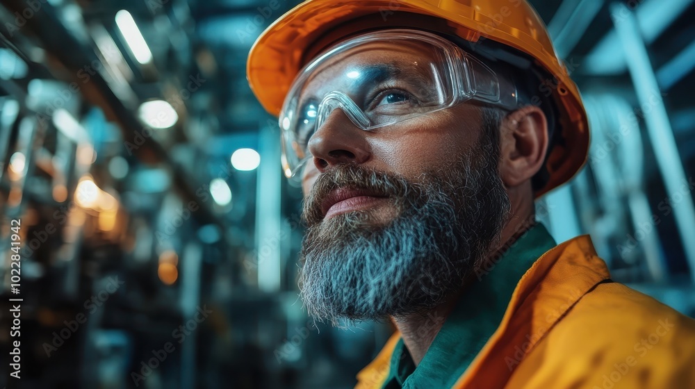 A bearded worker wearing a hard hat and safety goggles looks intently at machinery, showcasing the importance of safety in industrial environments. A bearded worker wearing a hard hat and safety goggles looks intently at machinery, showcasing the importance of safety in industrial environments.