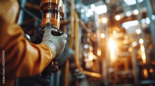 A worker handles machinery valve with careful attention in a glowing industrial setting, capturing a moment of precise control and vigilance in operations.