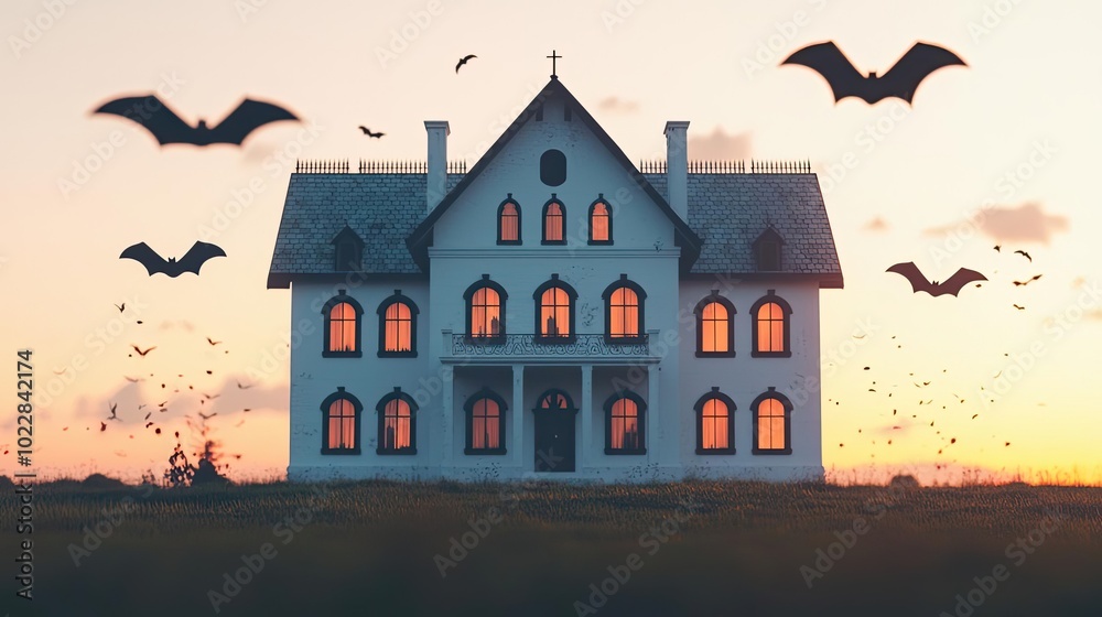 Naklejka premium A haunted house at dusk, surrounded by bats under a colorful sky. Perfect for Halloween-themed projects and spooky aesthetics.
