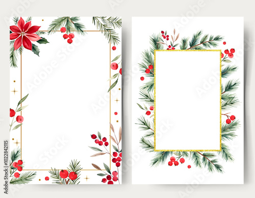 Blank christmas cards with watercolor plants, flowers and snowflakes. Fir branches, berries. New year frames