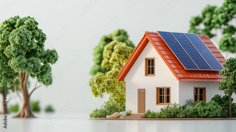 modern house with solar panels surrounded by lush greenery, showcasing eco friendly living and sustainability. This charming scene highlights harmony between nature and technology modern house with solar panels surrounded by lush greenery, showcasing eco friendly living and sustainability. This charming scene highlights harmony between nature and technology