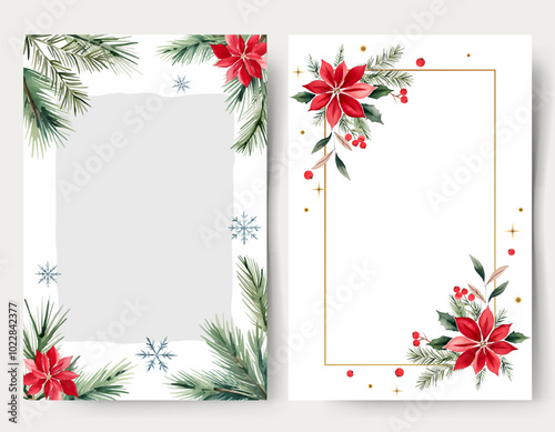 New year frames. Watercolor blank christmas cards with plants, flowers and snowflakes. Fir branches, berries.