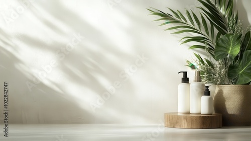 A minimalistic arrangement of white bottles with pumps is displayed alongside a lush green plant, set against a serene white background emphasizing natural beauty.