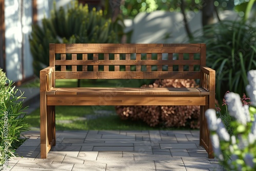 Wooden bench in a serene garden setting with lush greenery and flowering plants during the daytime photo