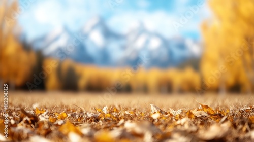 A captivating perspective of fallen autumn leaves covering the ground, set against a blurred backdrop of majestic mountains, capturing the essence of seasonal transition. photo