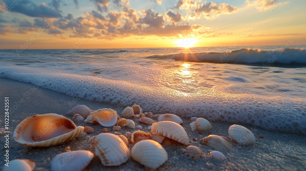 Seashells on the Beach at Sunset Seashells on the Beach at Sunset