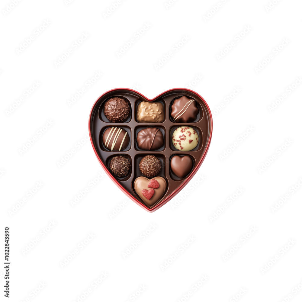 A heart-shaped box of chocolates with various types inside, isolated on a white background A heart-shaped box of chocolates with various types inside, isolated on a white background