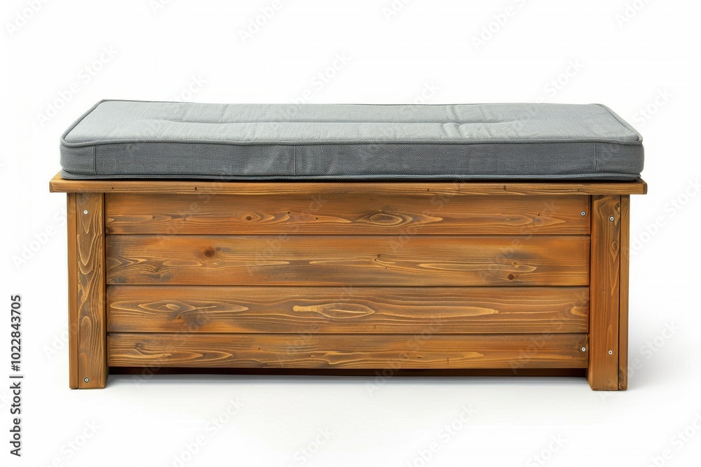 Wooden storage bench with gray cushion in a modern home setting Wooden storage bench with gray cushion in a modern home setting