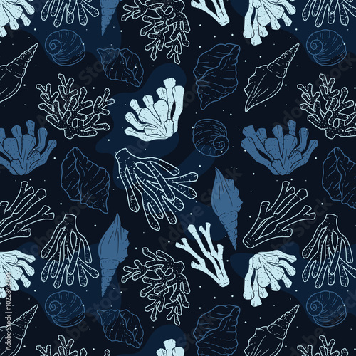 Bright vector background pattern with underwater marine life. Includes coral, seashells, and aquatic creatures. Perfect for kids designs, summer themes, and marine graphics.