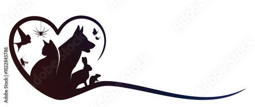 The symbol of a heart with pets and insects.