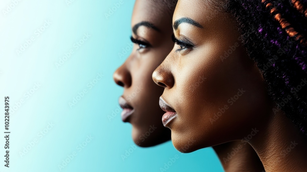 Two women displayed in a striking side profile with elegant poise, casting a graceful silhouette against a vibrant blue background that enhances their beauty. Two women displayed in a striking side profile with elegant poise, casting a graceful silhouette against a vibrant blue background that enhances their beauty.