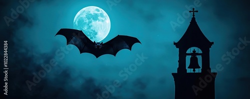 A mysterious bat flying against a full moon, silhouetted by a church tower, creating an eerie and haunting atmosphere. photo