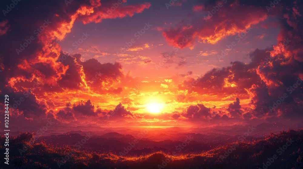 Naklejka premium Fiery Sunset Over Mountains