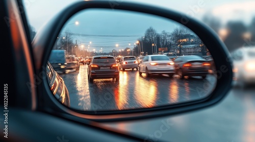 Side mirror view of a car stuck in evening traffic, with blurred headlights and streetlights reflecting on a wet road surface under a twilight sky.