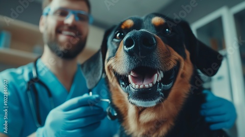 Veterinarian doctor in blue uniform conduct a routine examination of a dog checking teeth on a table in a modern office of a veterinary clinic Treatment and vaccination of pets : Generative AI