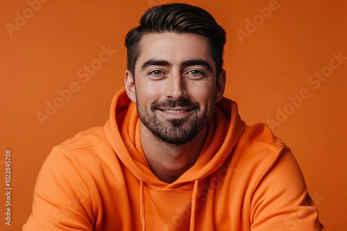 Smiling Man in Orange Hoodie Looking at Camera Against Orange Background