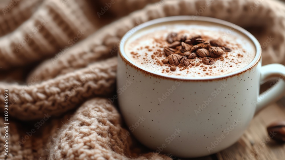 Cozy Coffee Morning: A steaming cup of coffee topped with cinnamon and coffee beans, nestled in a cozy knit blanket. A perfect image for your morning coffee post or a blog about cozy winter mornings. Cozy Coffee Morning: A steaming cup of coffee topped with cinnamon and coffee beans, nestled in a cozy knit blanket. A perfect image for your morning coffee post or a blog about cozy winter mornings.