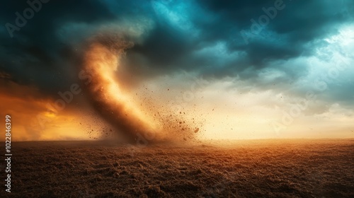 An intense dust storm engulfs a barren landscape, swirling orange particles across the sky, depicting wild and uncontrollable natural energy and chaos.