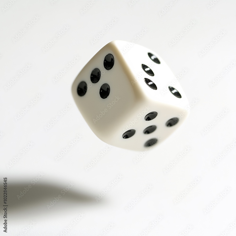 A pair of dice rolling across a white surface, mid-motion A pair of dice rolling across a white surface, mid-motion