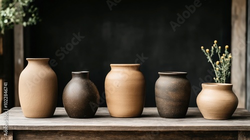 Various ceramic vases of different sizes and colors displayed on a wooden table with a dark background and subtle floral decorations.