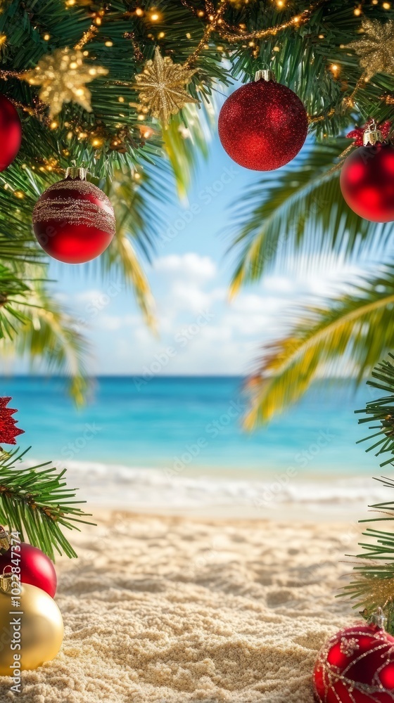 Festive holiday scene with colorful christmas ornaments hanging from a tropical beach tree, set against the backdrop of the ocean
