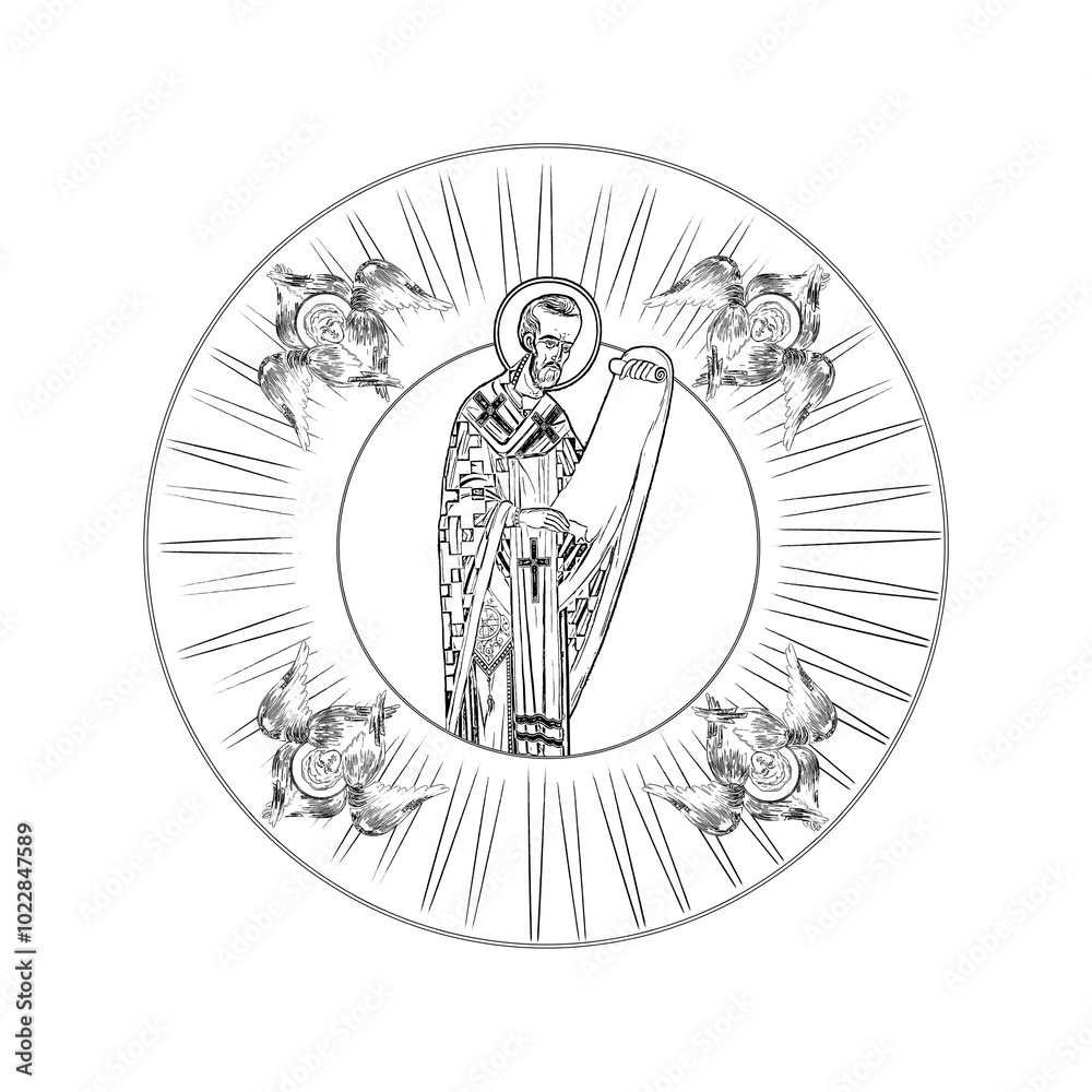 John Chrysostom. Greek medallion- coloring page in Byzantine style