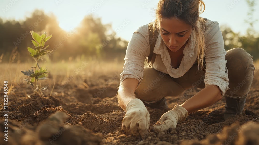 An archaeologist works methodically in an open field, carefully sifting through the ground, her dedication and meticulous attention to detail clearly visible. An archaeologist works methodically in an open field, carefully sifting through the ground, her dedication and meticulous attention to detail clearly visible.