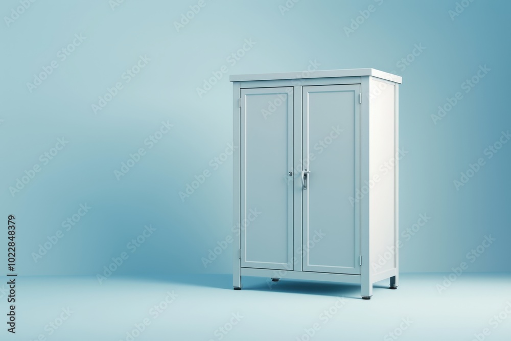 Modern white cabinet in a minimalist studio space with soft blue background Modern white cabinet in a minimalist studio space with soft blue background