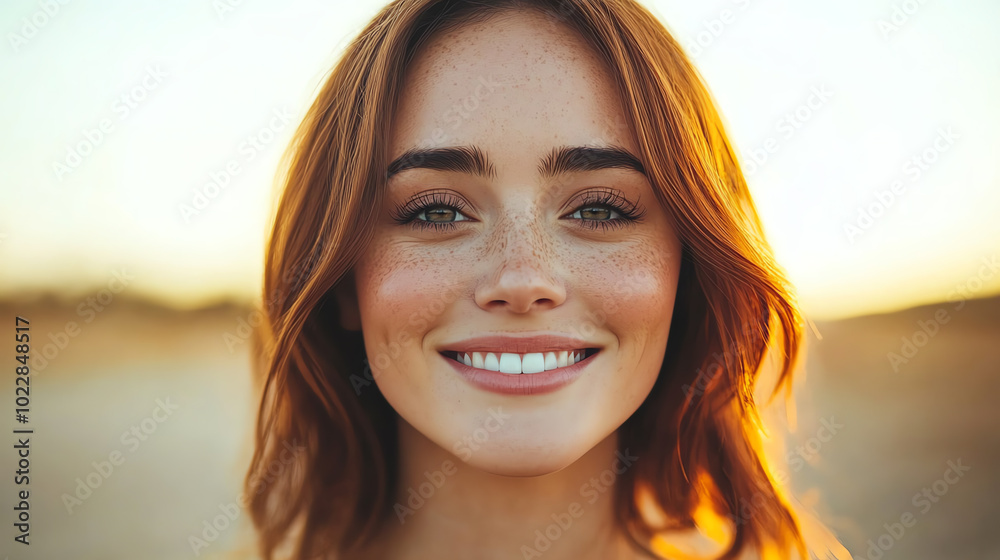 A joyful woman smiling warmly, illuminated by the soft light of sunset, showcasing natural beauty and a serene atmosphere in the background.