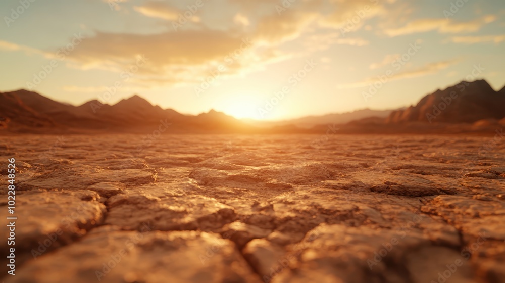 Naklejka premium Cracked and parched earth of an expansive desert presents a striking, sunlit scene, underscoring themes of drought and resilience in harsh terrain.