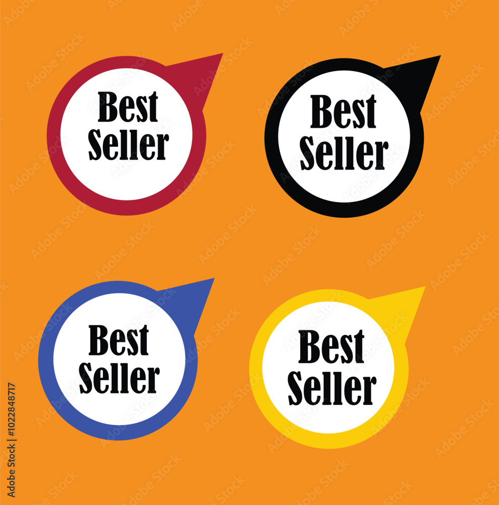 Obraz premium Best seller speech bubble set for sale announcement. Retail sticker, trade badge with product bestseller advertisement vector illustration isolated on yellow background