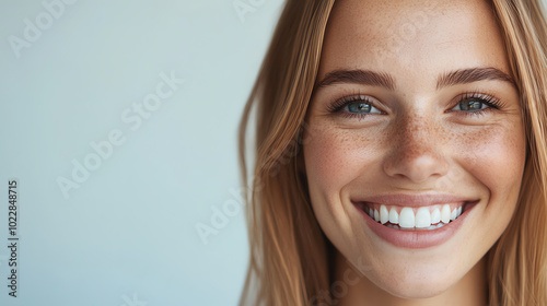 A smiling young woman with long hair and freckles, showcasing happiness and confidence against a neutral background.